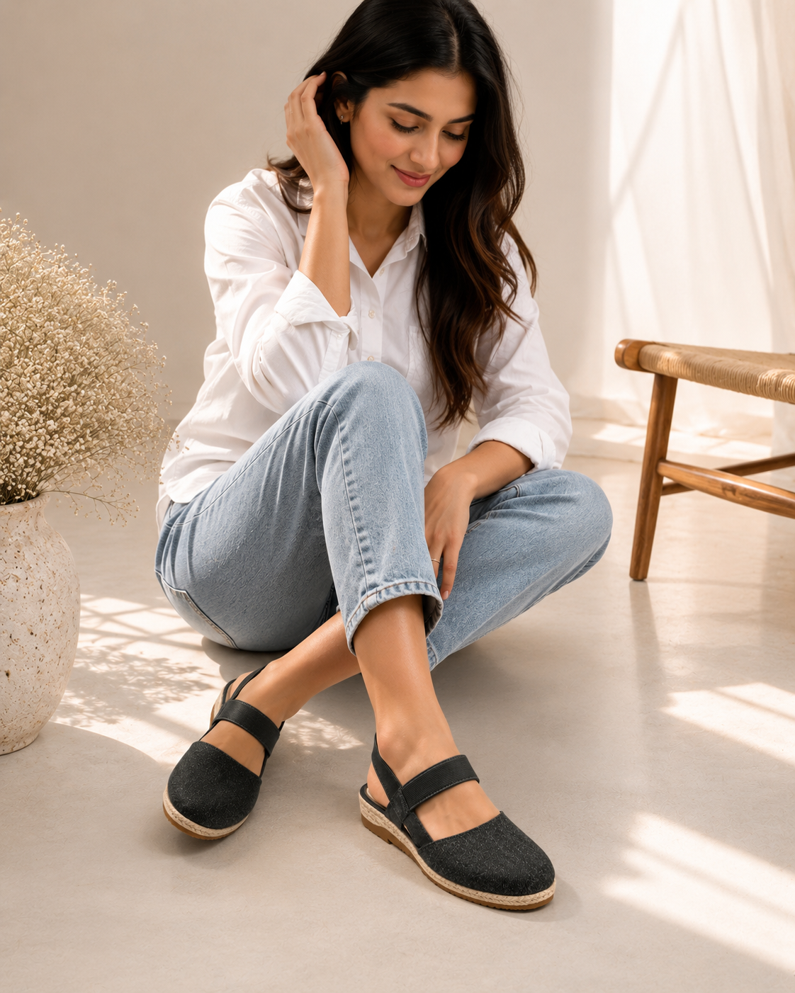 Black Denim With Jute Wedges Imported